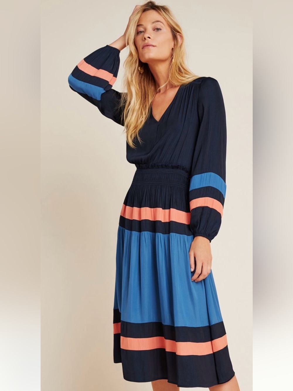 Plus Size Anthropologie "Aidy" Colorblock Midi Dress in Blue, Navy, and Coral